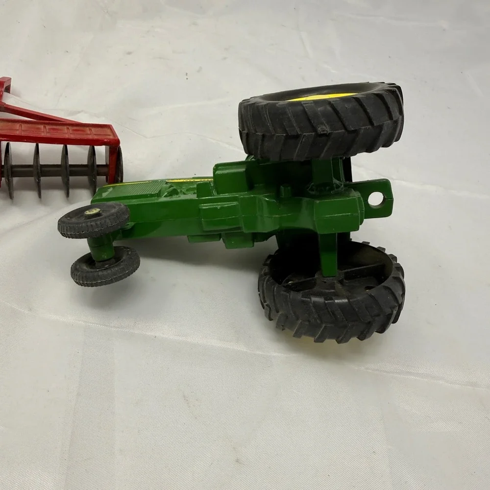 John Deere Diecast Metal Tractor with Red Disc Harrow Attachment Vintage Toy
